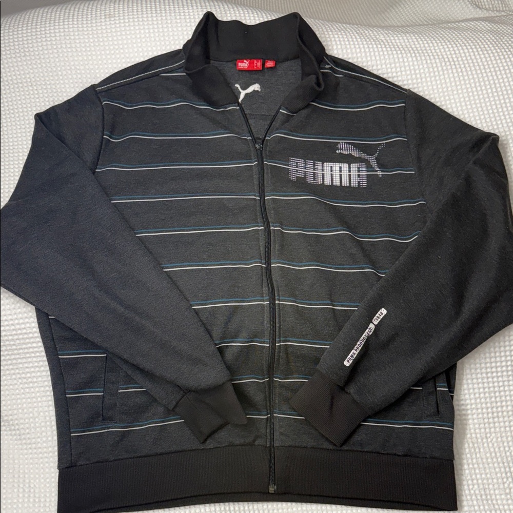 Puma Men's Charcoal Gray Striped Zip-Up Joggers Jacket - Large